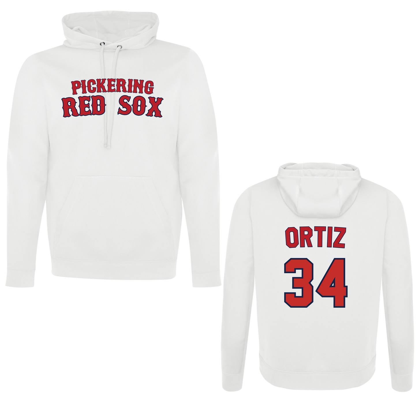 PICKERING RED SOX 100% POLYESTER HOODIE with NAME + NUMBER OPTION