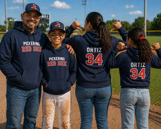 PICKERING RED SOX 100% POLYESTER HOODIE with NAME + NUMBER OPTION